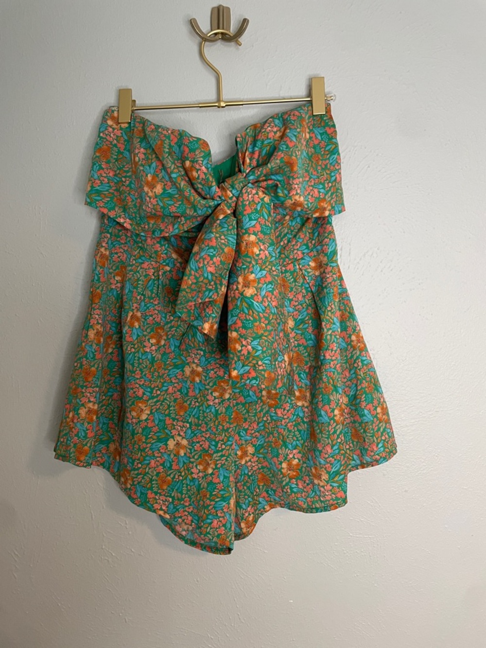 Pink Lily Green Floral Strapless Romper with Orange and Pink Floral Print